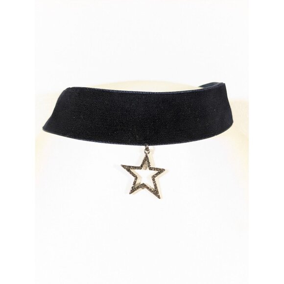 ZARA Blue Velvet Choker Necklace Rhinestone Star Charm Pendant Necklace 15 in - Picture 1 of 10